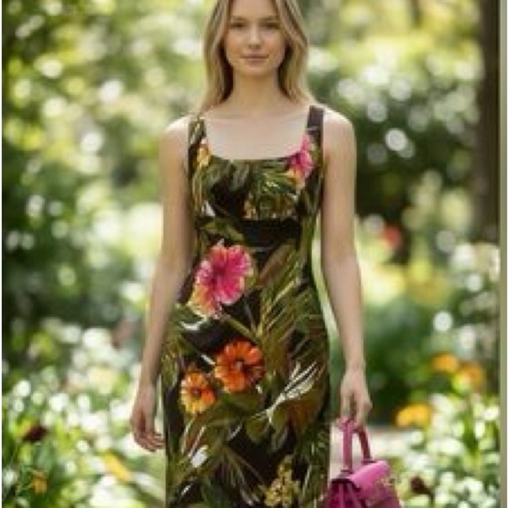 Connected Apparel Tropical Floral Dress Sleeveless Sheath Green Black Red Size 8